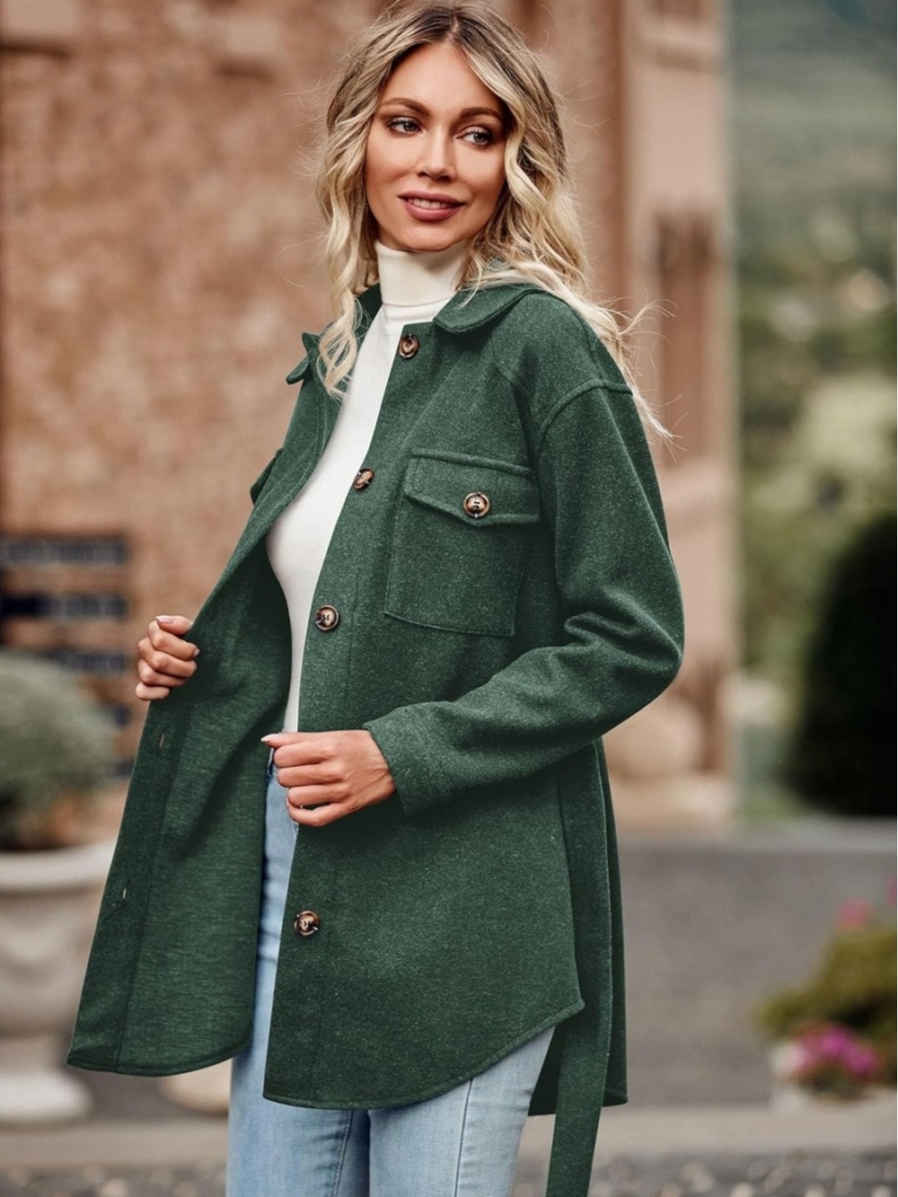 Belted Forest Green Trench Coat Jacket - Picture 9 of 10